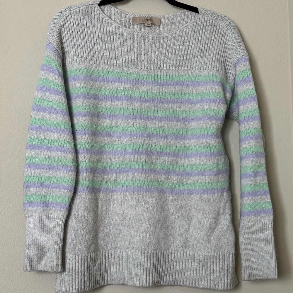 LOFT Gray, Green & Periwinkle Striped Sweater, Size S